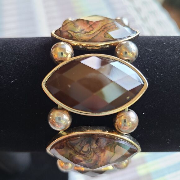 Vintage Gold Tone Stretch Bracelet Faceted Brown Stones With Iridescent Accents - Picture 6 of 10
